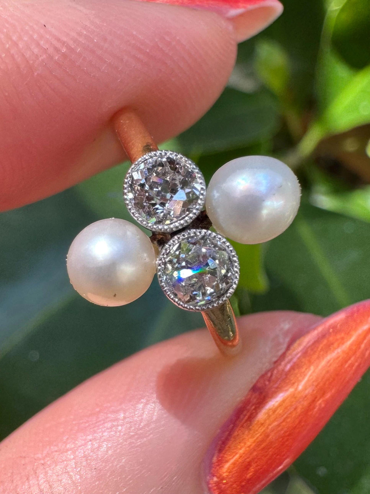 Natural pearl and old European cut diamond ring