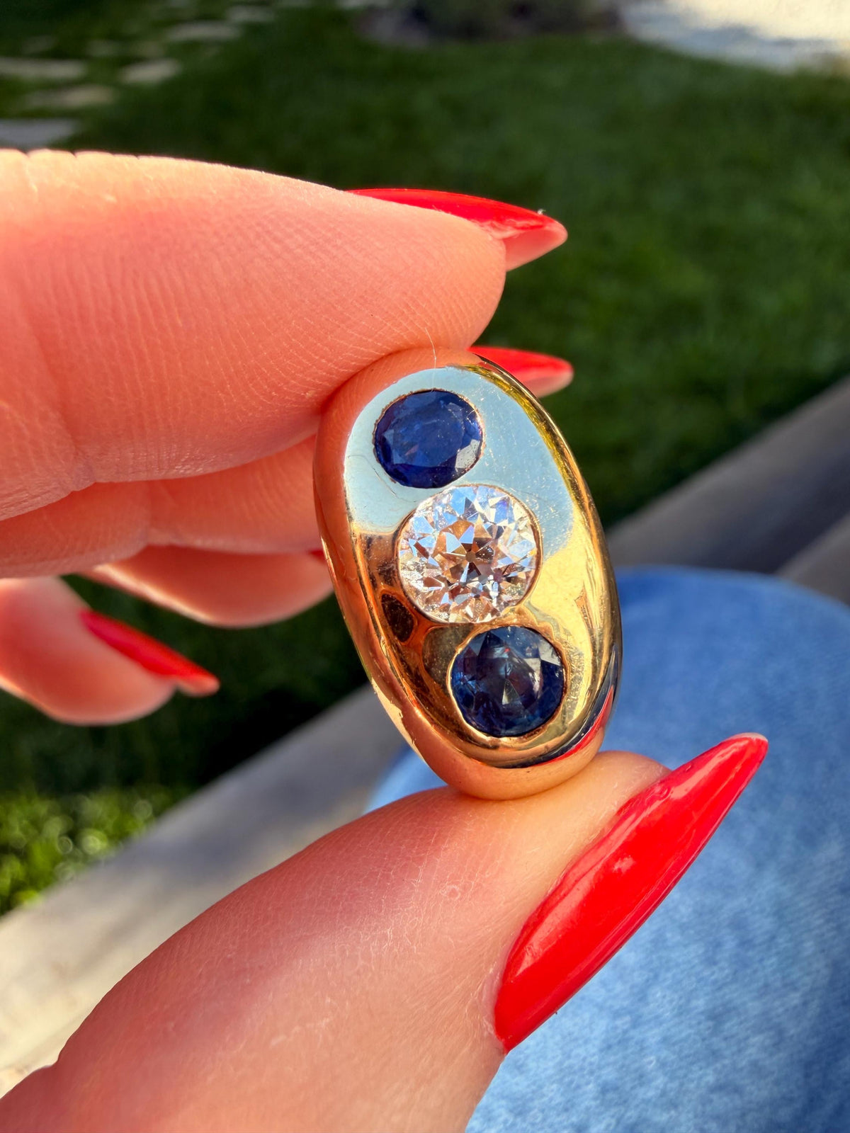 Antique Cartier sapphire and old European cut diamond three stone ring