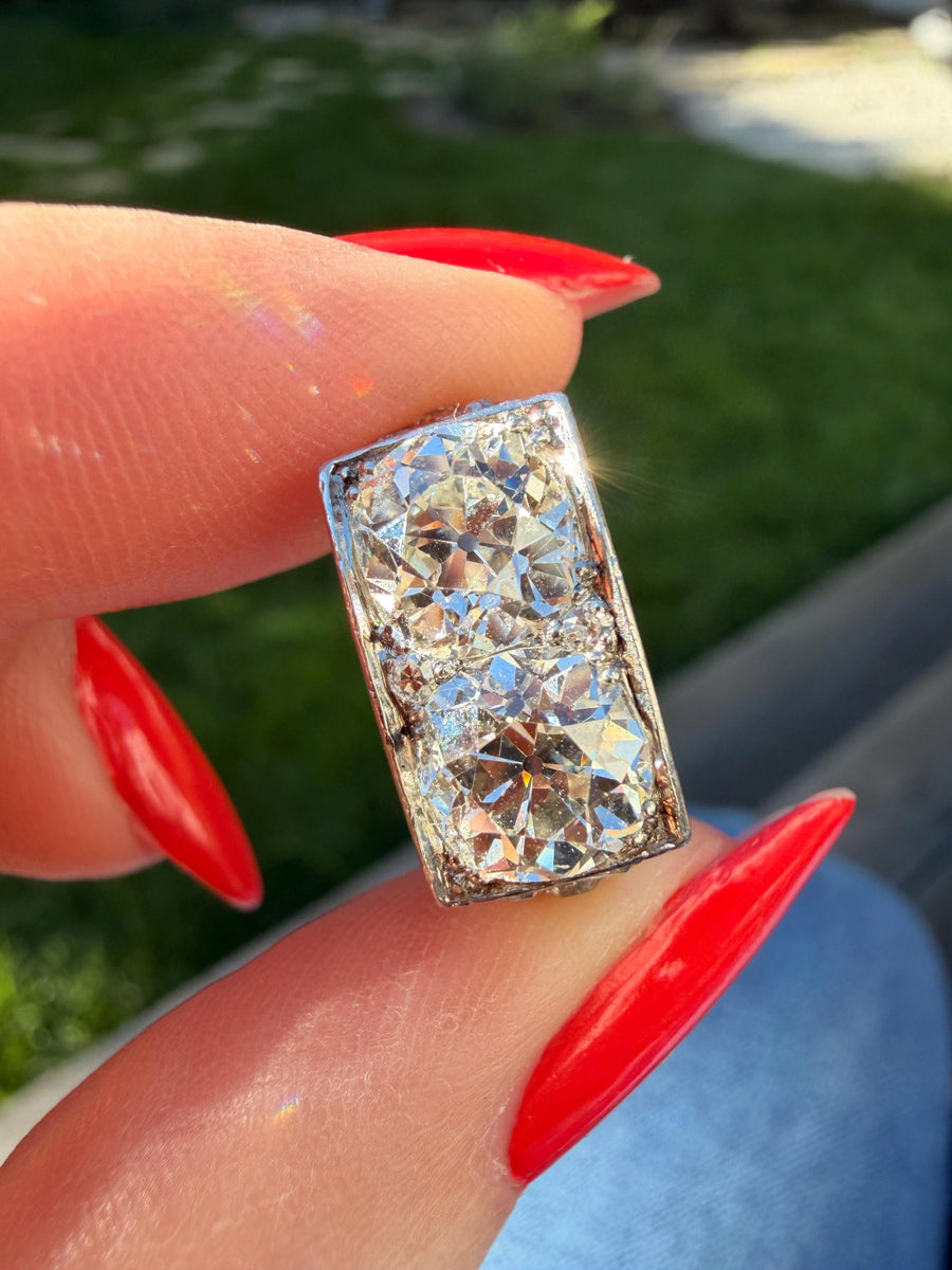 Art deco Old mine cut diamond toi et moi ring in platinum