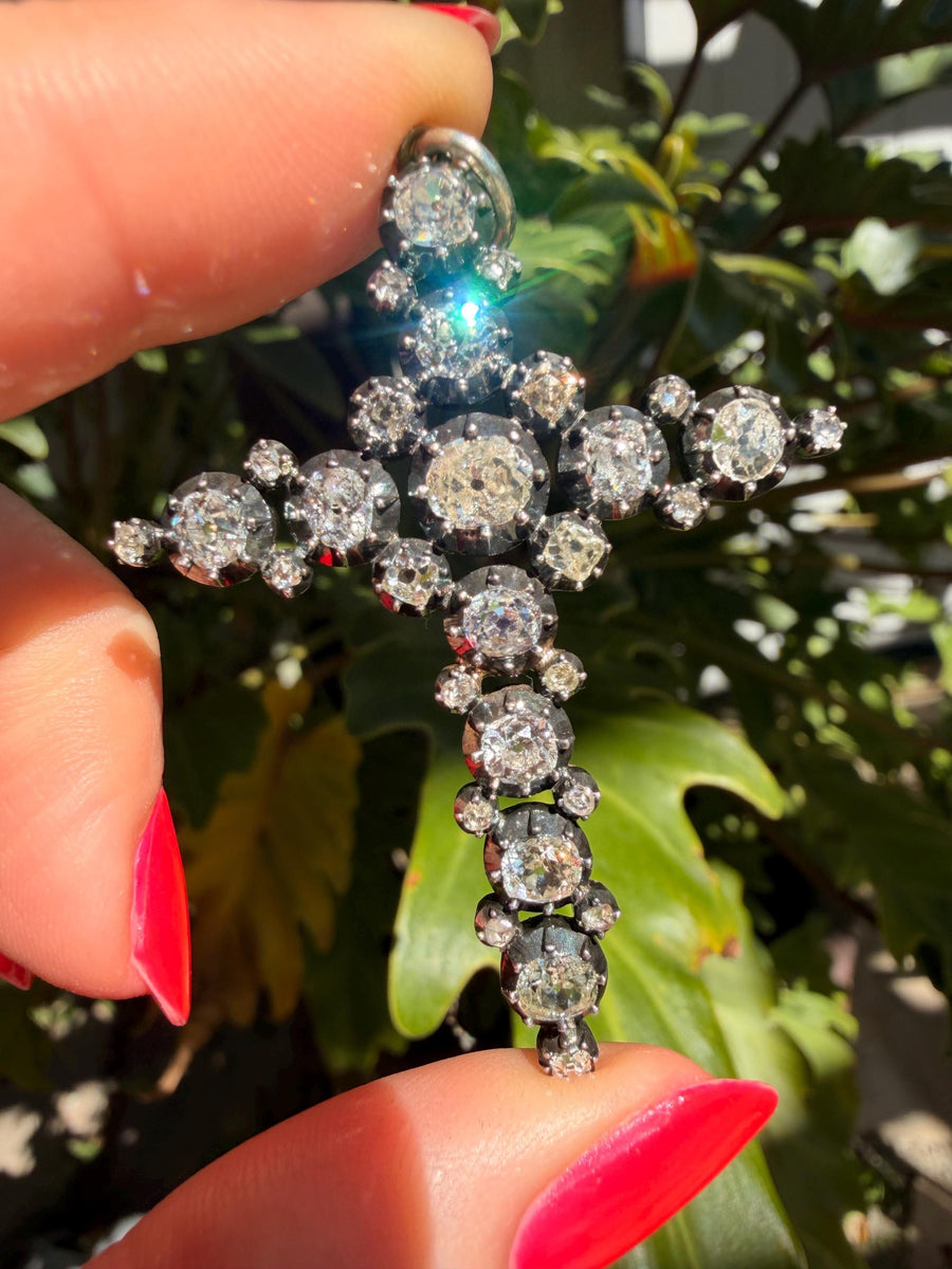 Late Victorian natural diamond cross set in silver Gothic