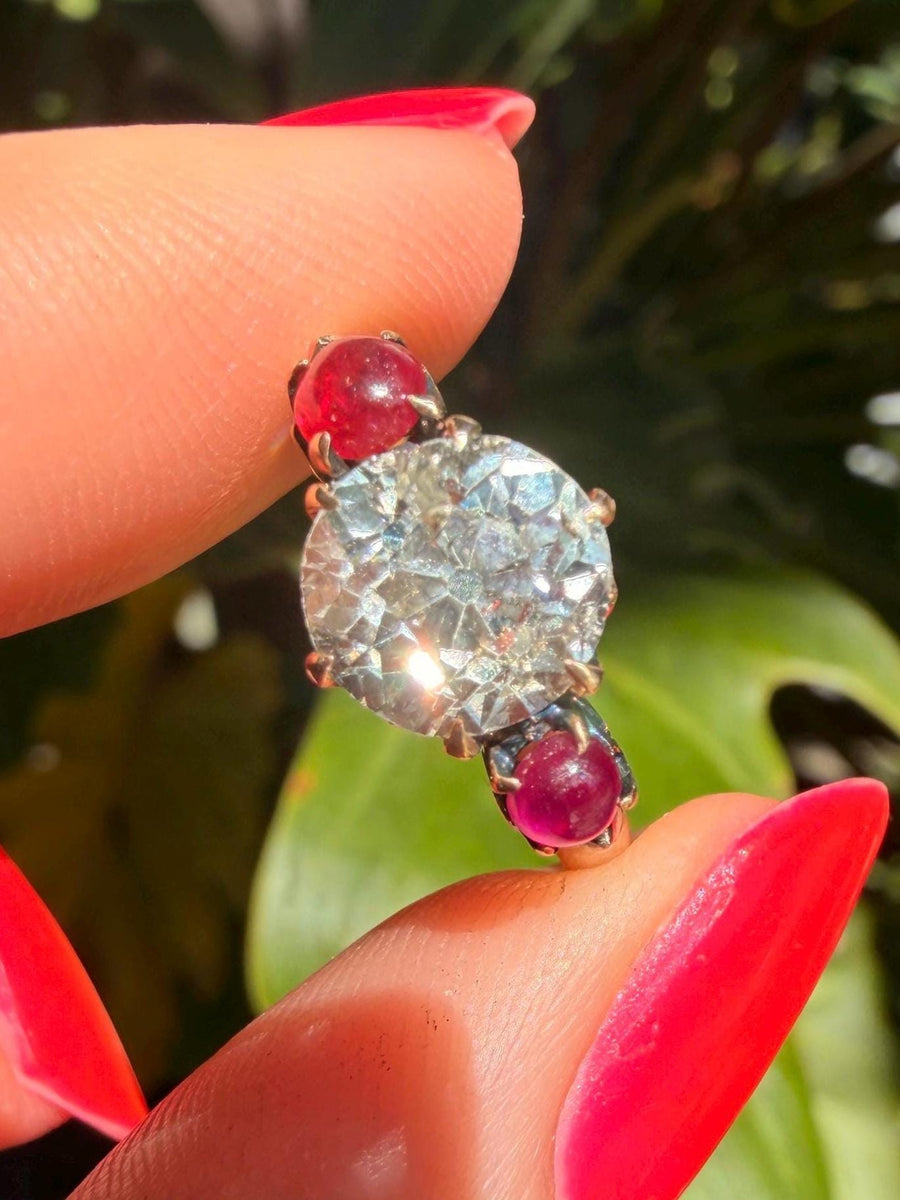 Victorian antique 2.6 carat old mine cut diamond ring with natural ruby sides