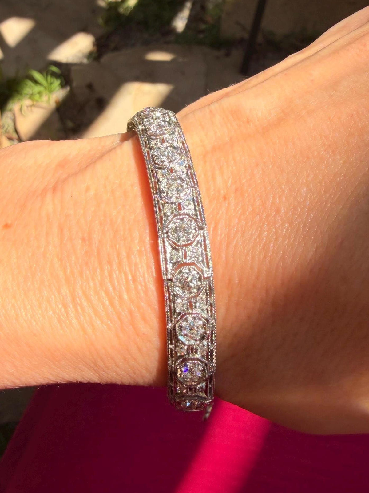 Art deco old European cut diamond tennis bracelet in platinum