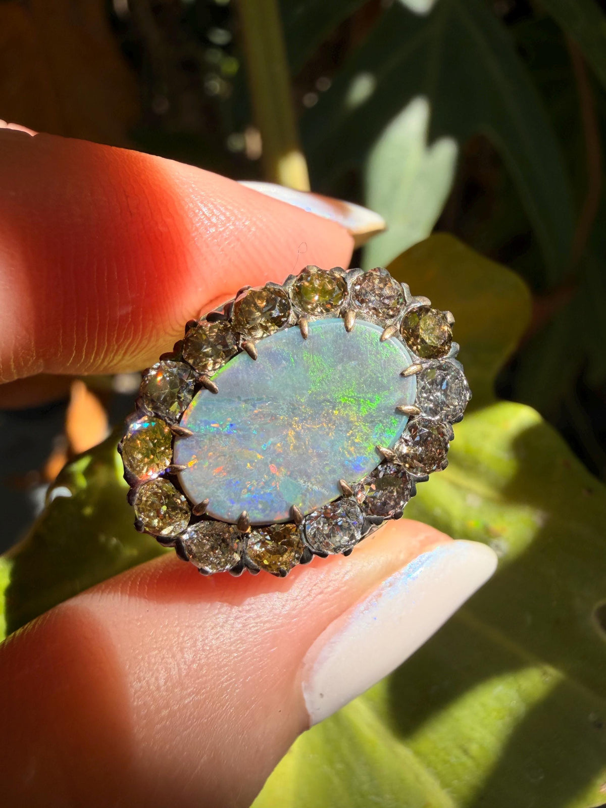 Victorian era black opal and old European cut diamond ring