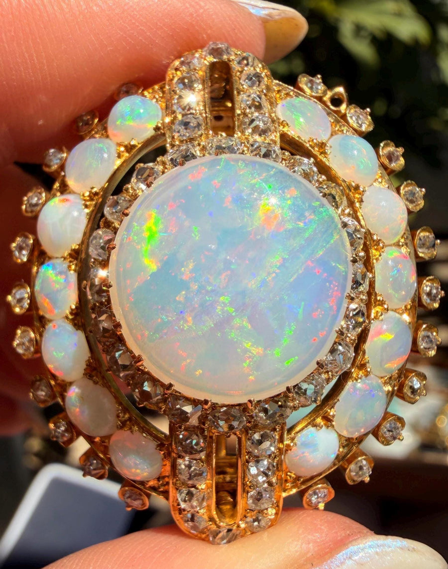Natural opal and old mine cut diamond Victorian brooch
