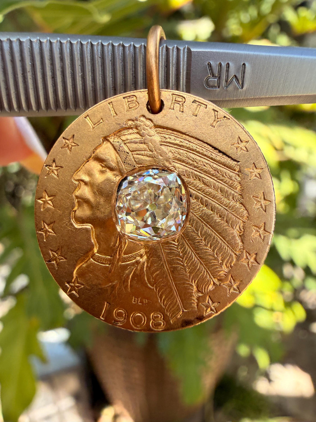 Indiana head five dollar gold coin with old mine cut diamond inset pendant