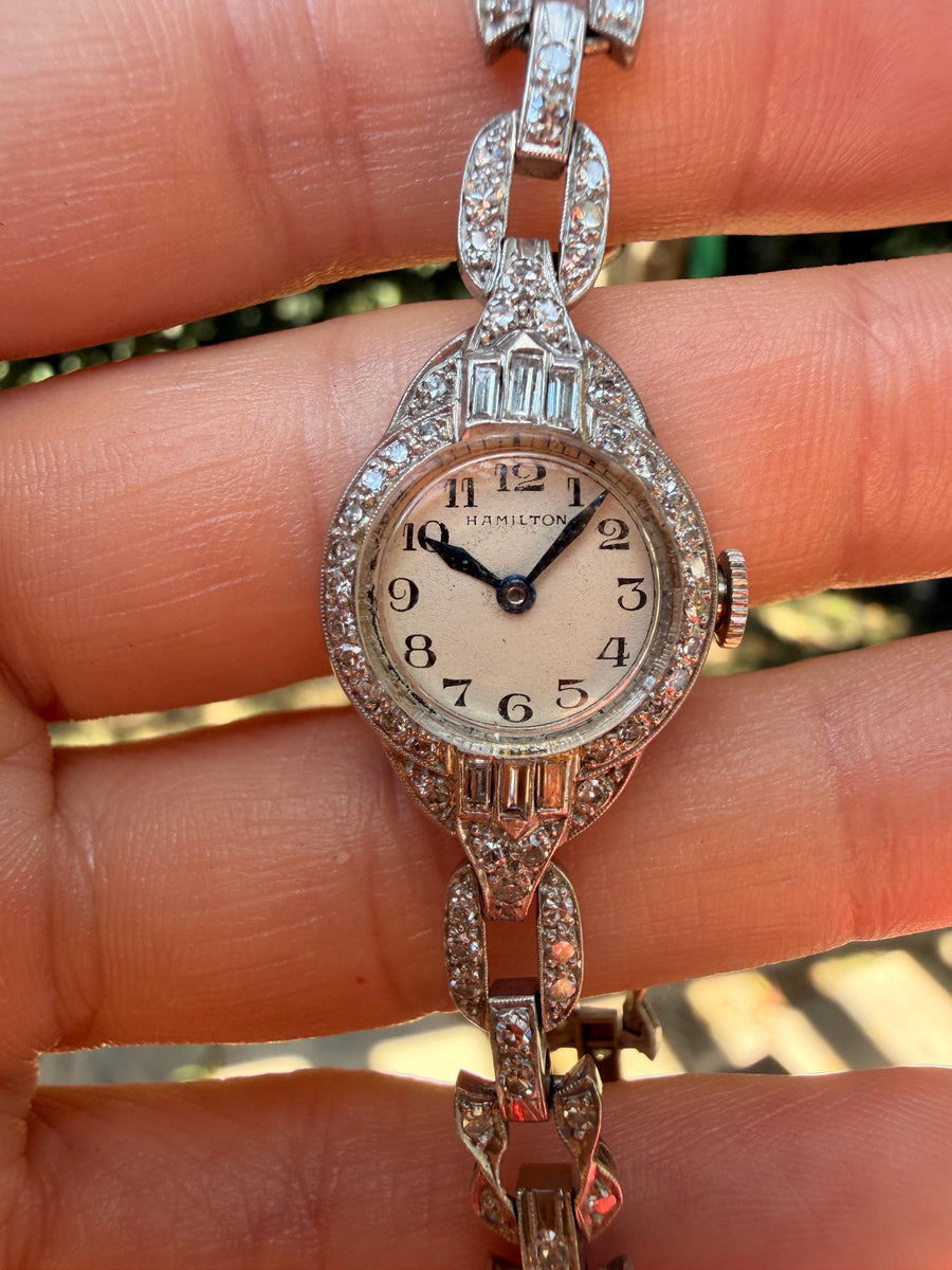 1920s  Art Deco Hamilton ladies wristwatch in platinum with diamonds