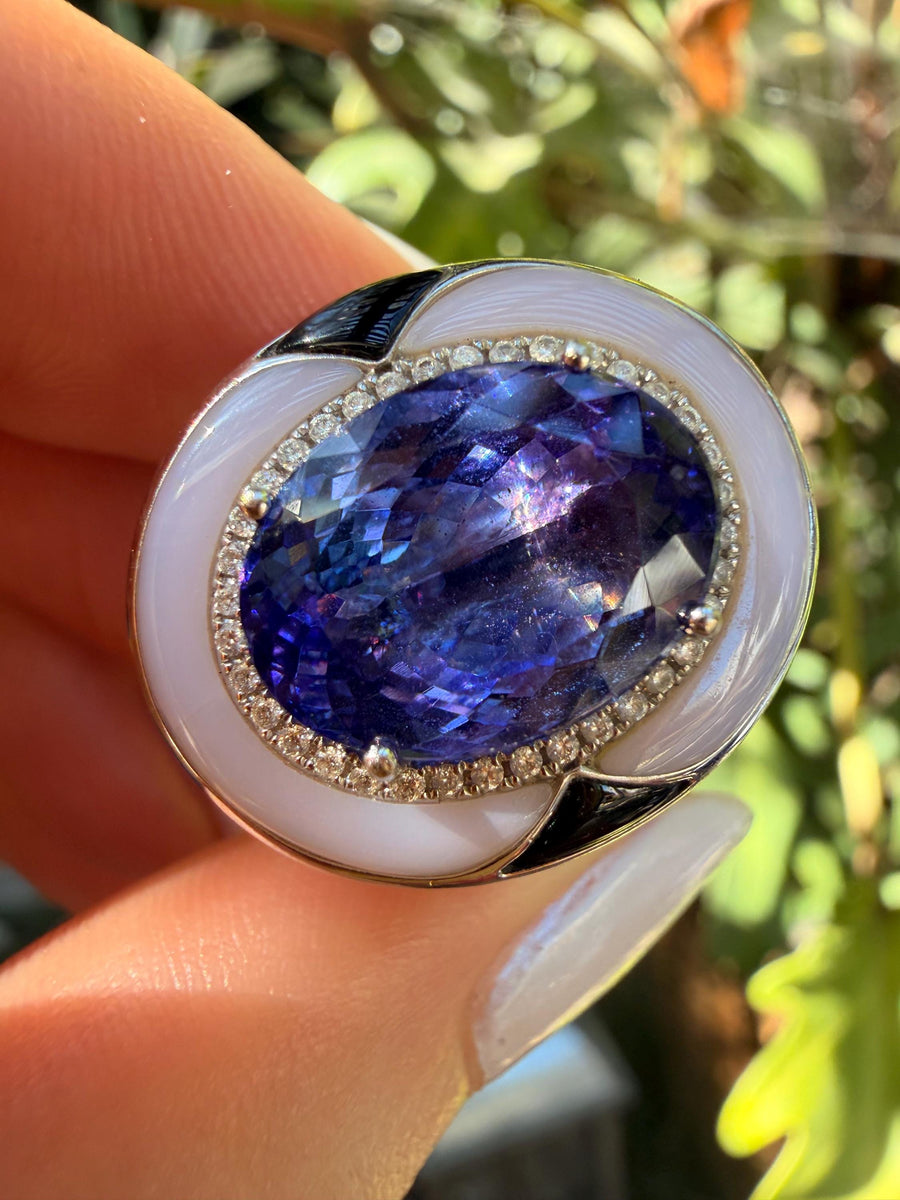 Tanzanite, diamond, lavender jade and onyx ring in 18 karat gold