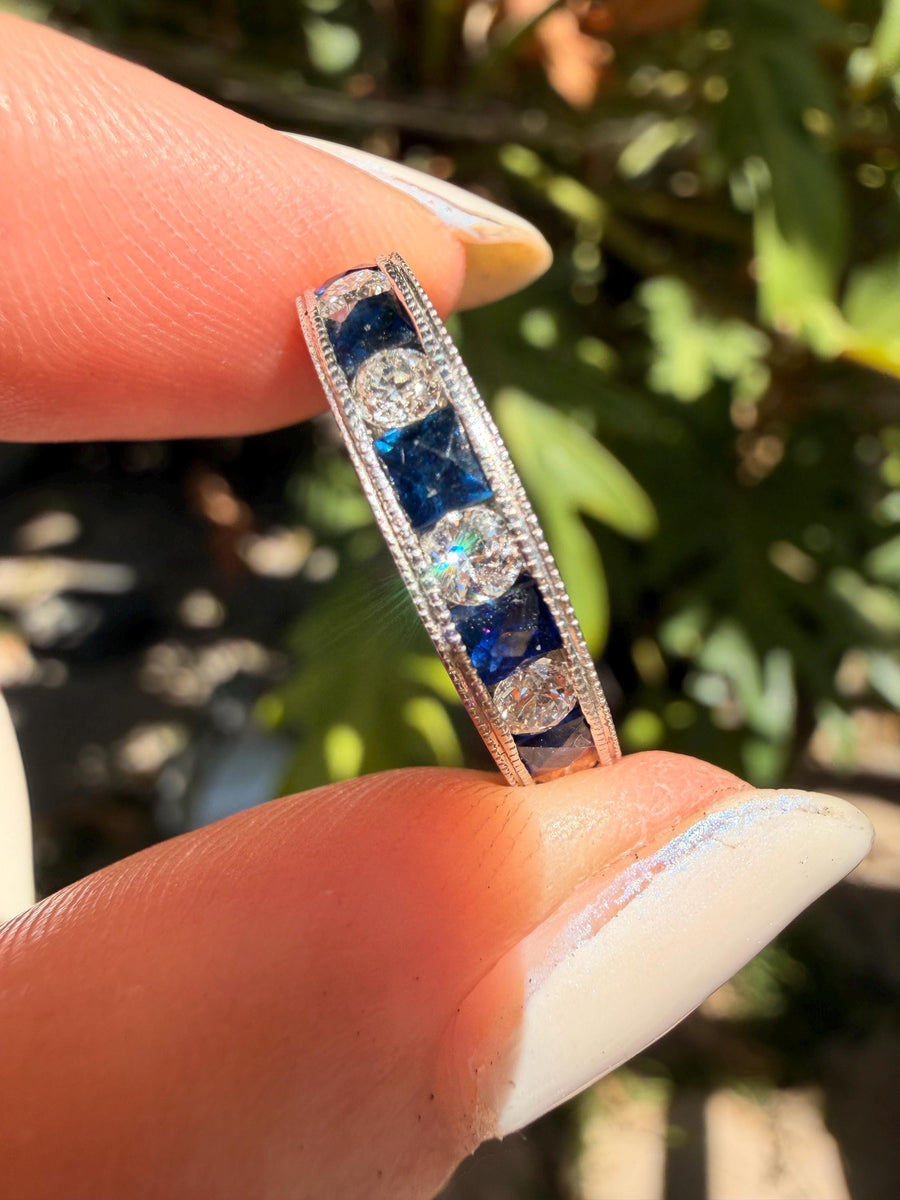 Art Deco diamond and old European cut sapphire ring set in platinum