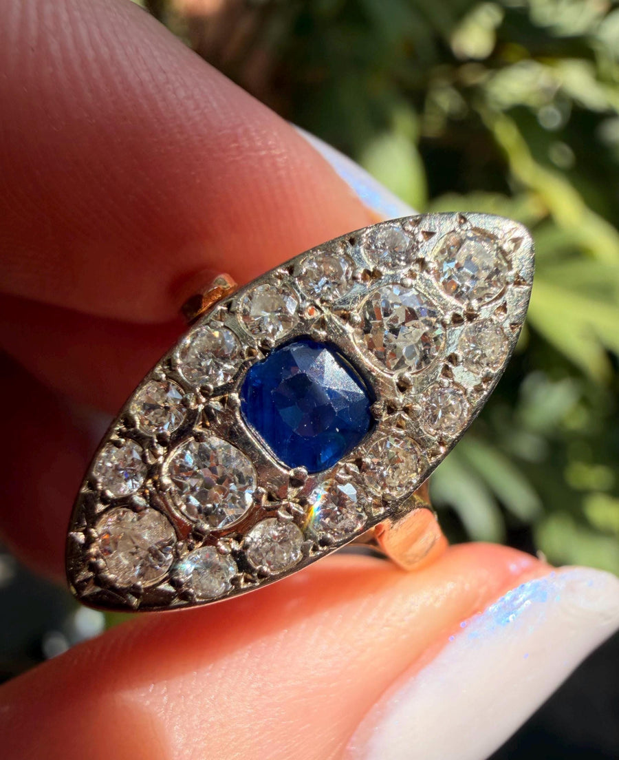 Antique French navette diamond and sapphire ring