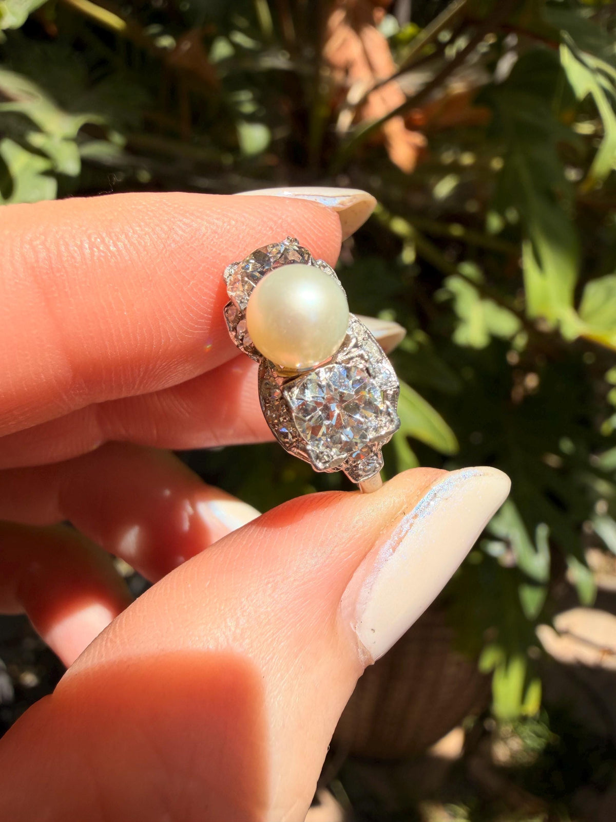 Art Deco pearl and old European cut diamond three stone ring