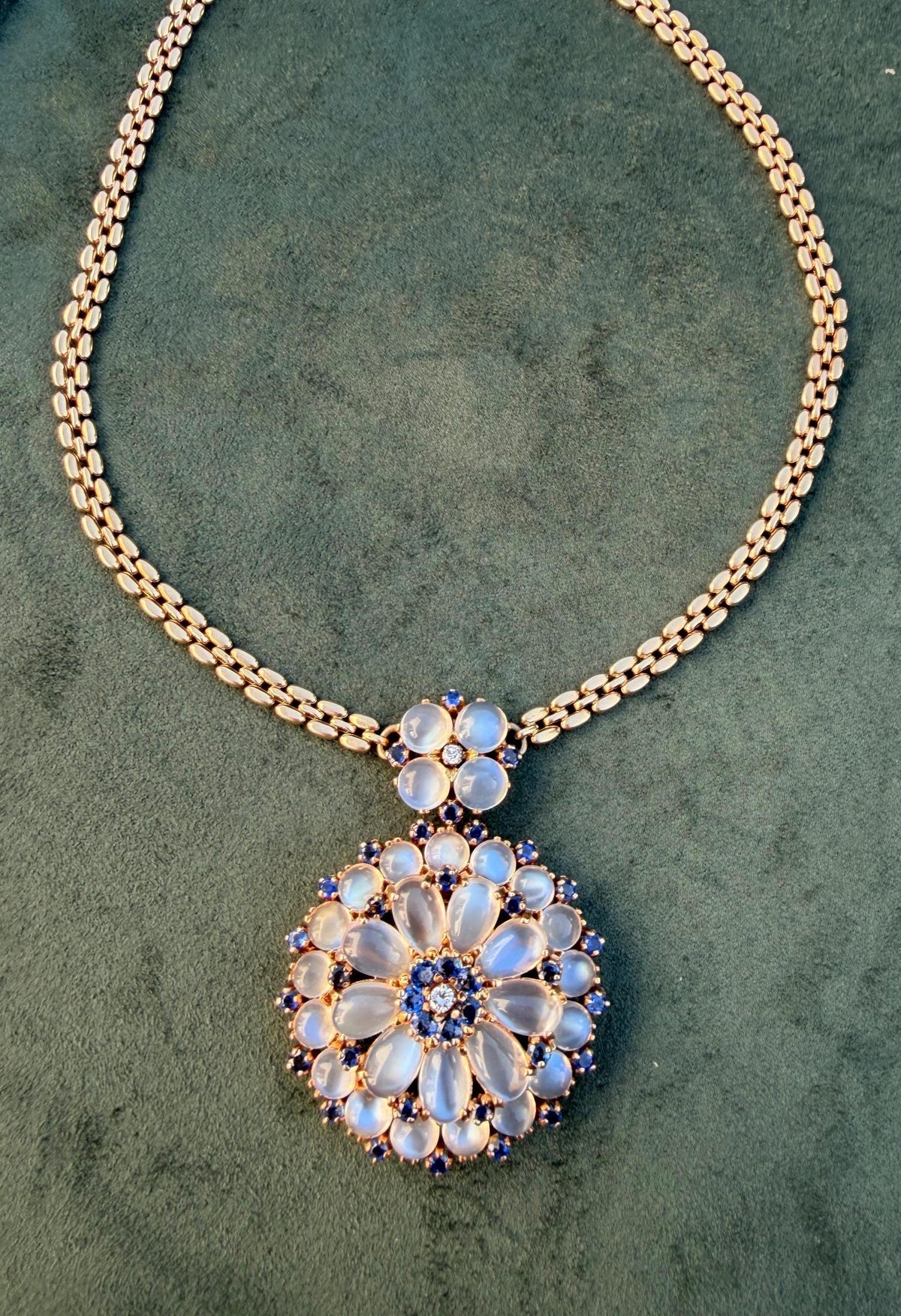Wordley, Allsopp & Bliss Moonstone and sapphire necklace, brooch, earrings in 14K