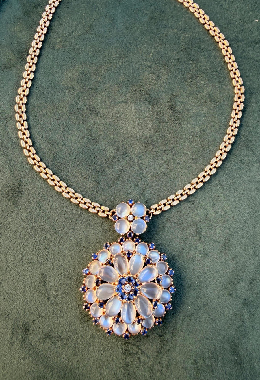 Wordley, Allsopp & Bliss Moonstone and sapphire necklace, brooch, earrings in 14K