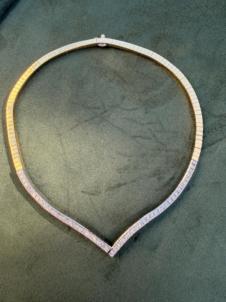 Princess cut diamond (10+ carats) collar necklace in 14 K white and yellow gold