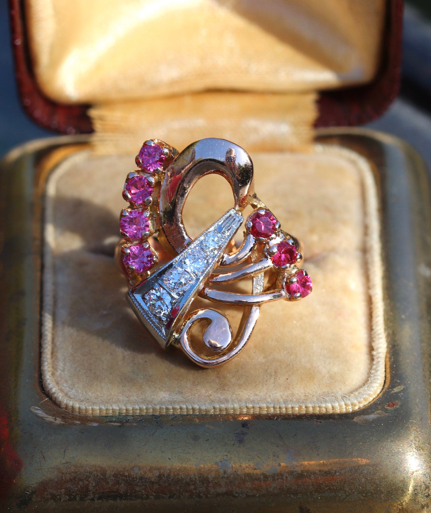 14 kt rose gold, diamond and synthetic ruby ring size 4 (sizable)