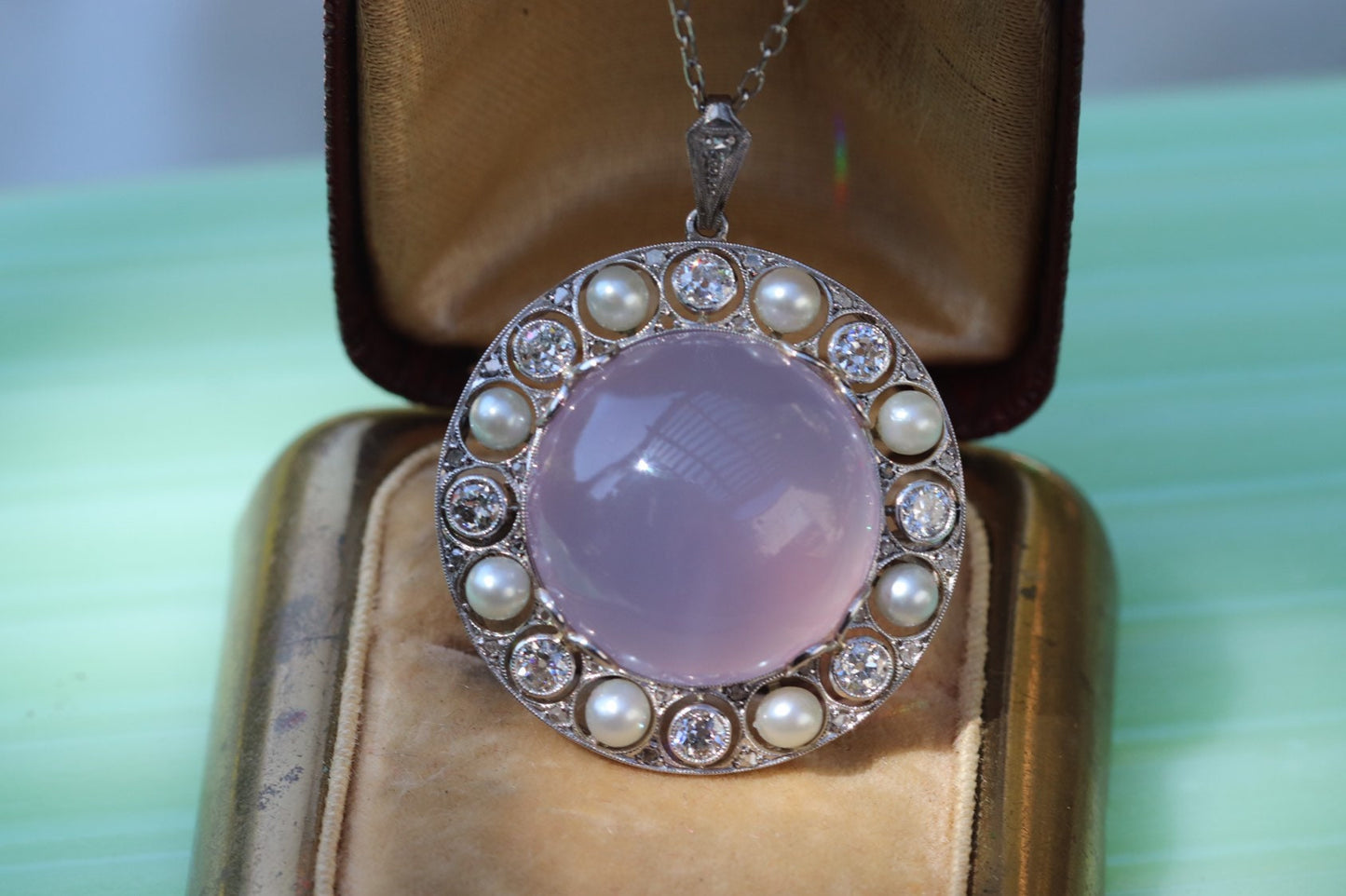 Art Deco platinum calcedony diamond and pearl pendant/brooch on 18k/18" chain