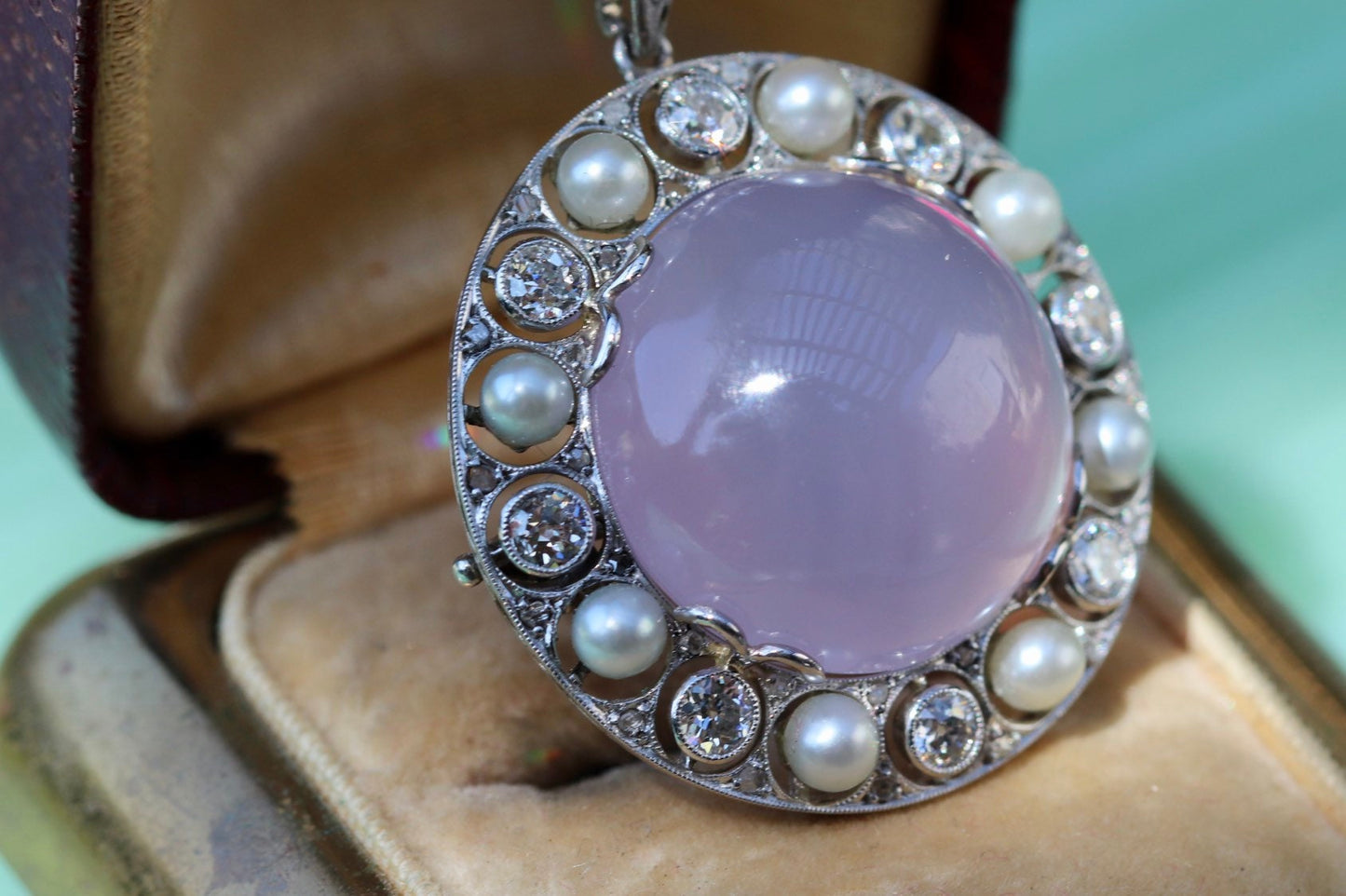 Art Deco platinum calcedony diamond and pearl pendant/brooch on 18k/18" chain