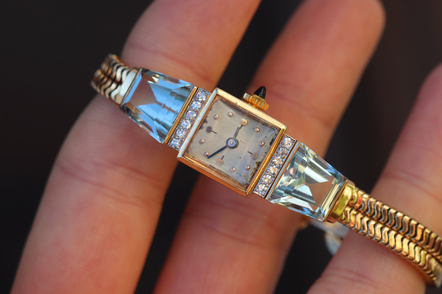 14k gold aquamarine and diamond manual wind wrist watch