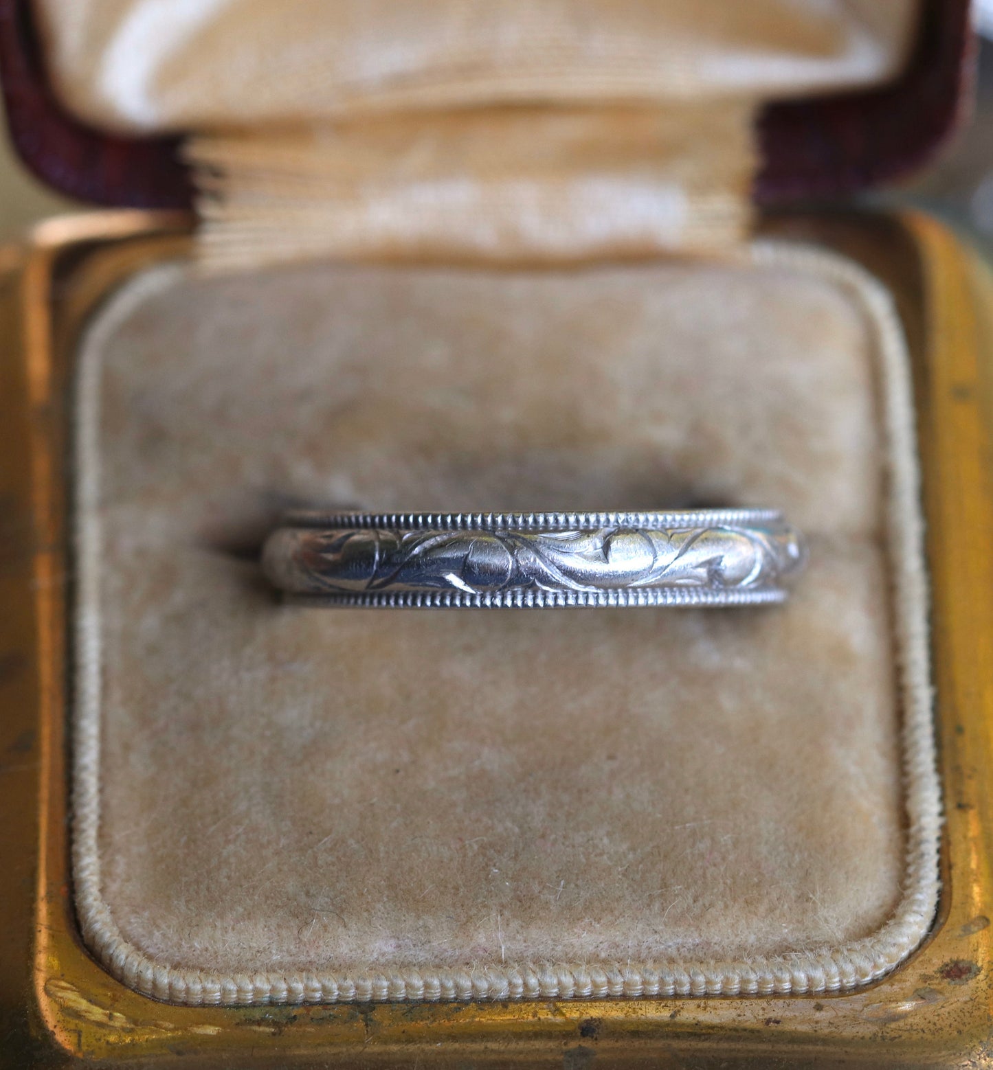 Heavy platinum wedding band engraved and inscribed size 7.25 not sizable