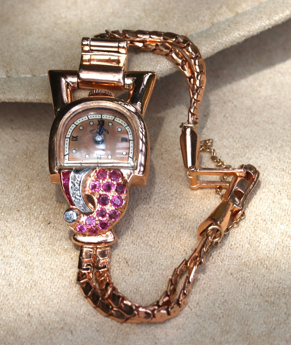 14k solid rose gold retro Paul Ditisheim wristwatch with rubies and diamonds 7.25”