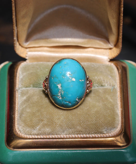 Solid turquoise and 14k gold ring size 5 sizable