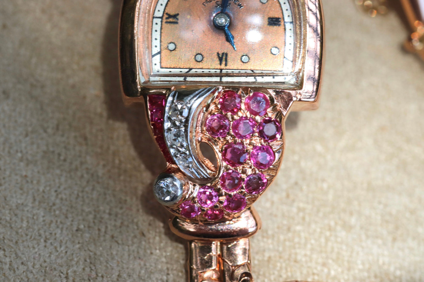 14k solid rose gold retro Paul Ditisheim wristwatch with rubies and diamonds 7.25”