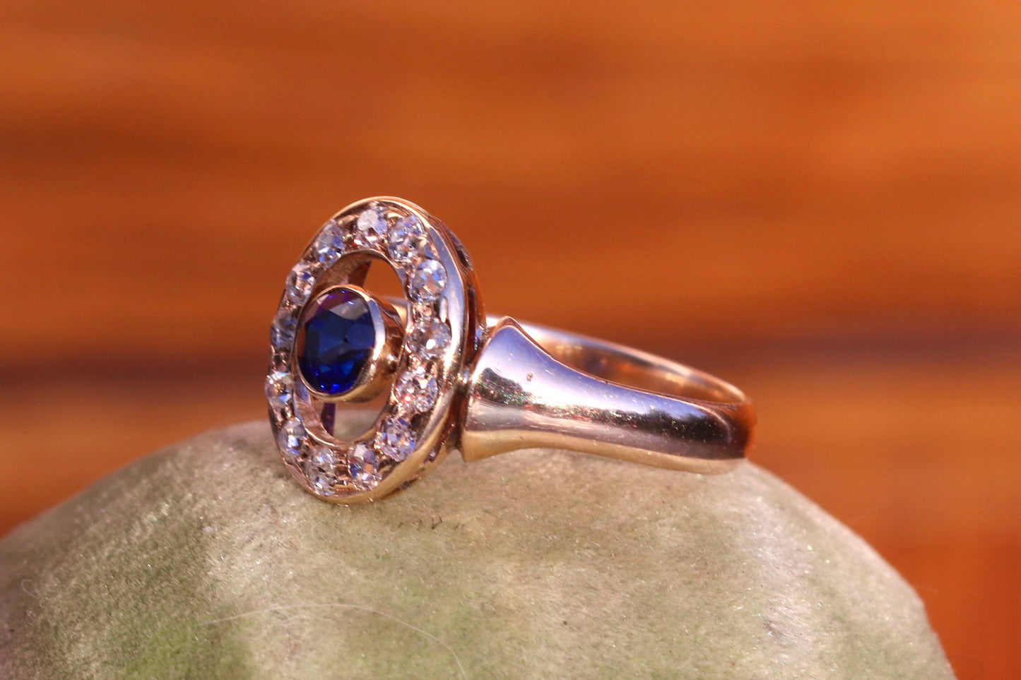 14k old cut diamond halo and synthetic sapphire ring size 7 sizable