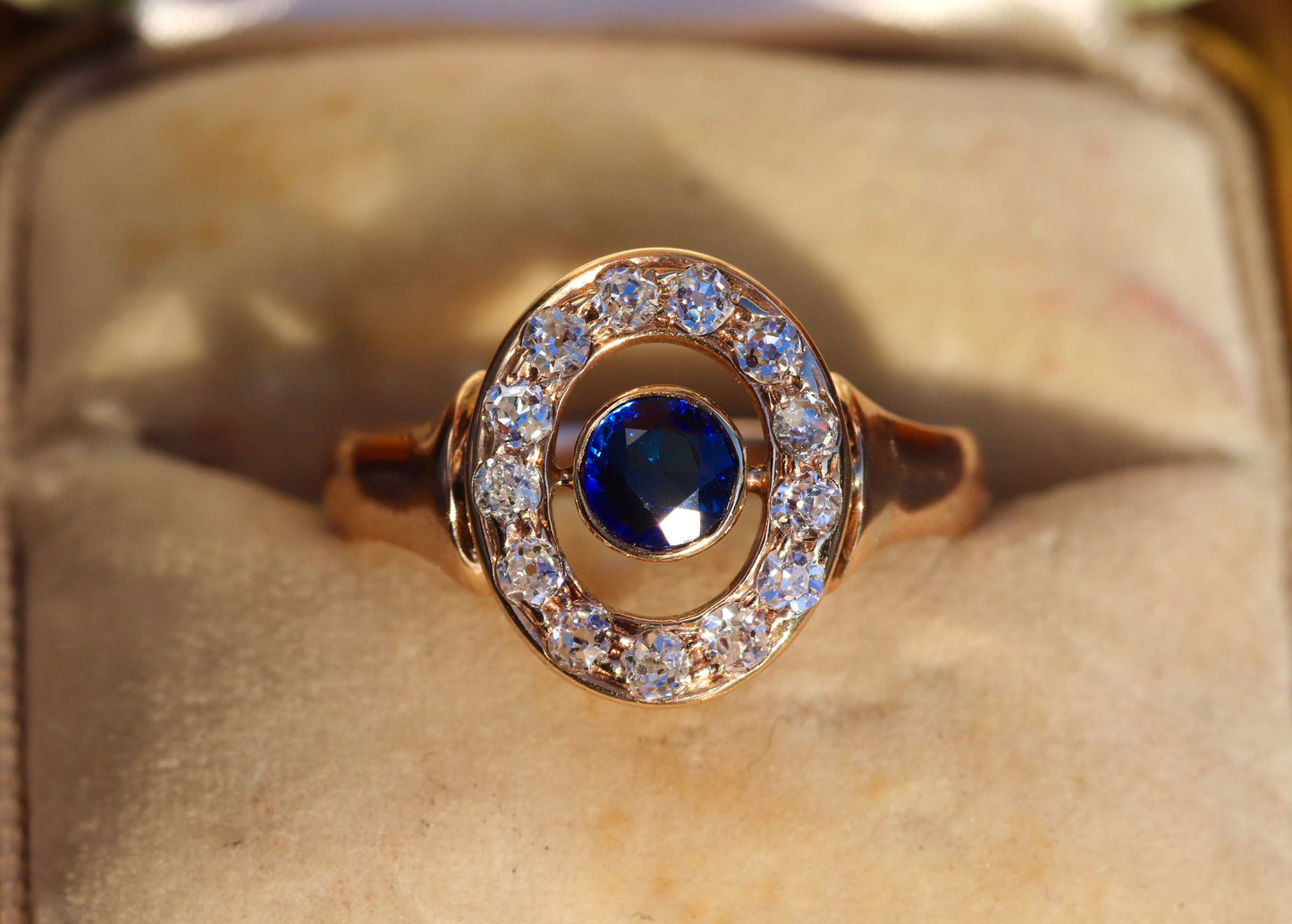 14k old cut diamond halo and synthetic sapphire ring size 7 sizable