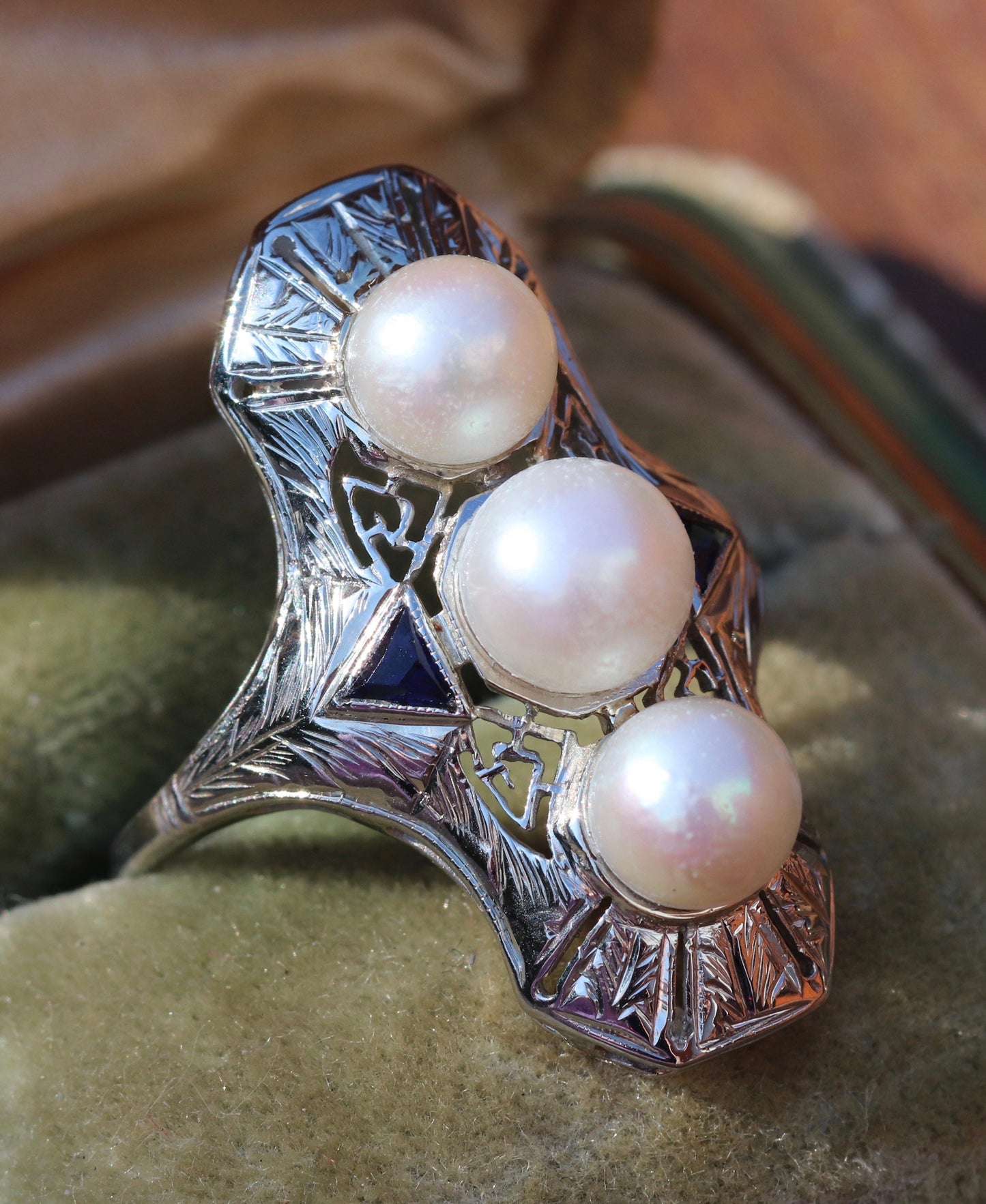 Saltwater pearl and synthetic sapphire Edwardian ring in 18k white gold size 8.5 (sizable)