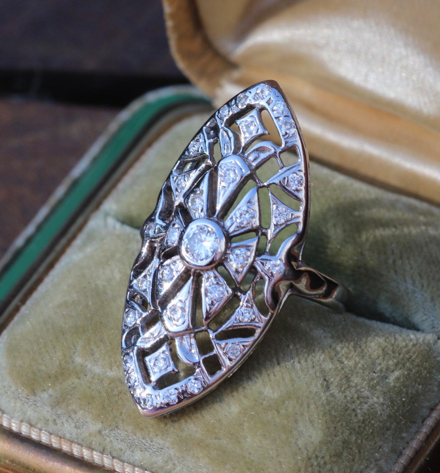 Approximately 1ctw Retro diamond navette ring in 14k white gold size 6.75 (sizable)