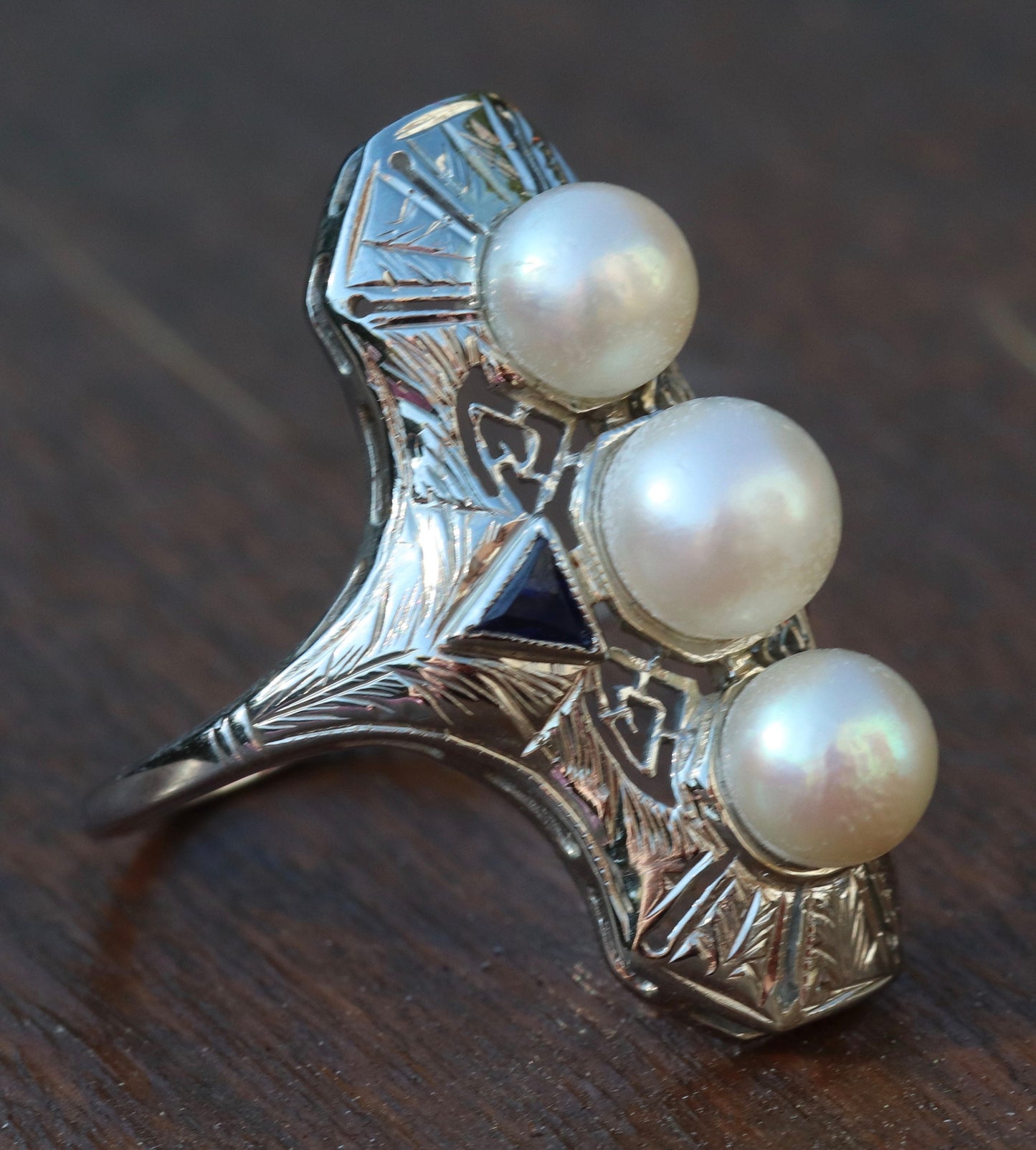 Saltwater pearl and synthetic sapphire Edwardian ring in 18k white gold size 8.5 (sizable)