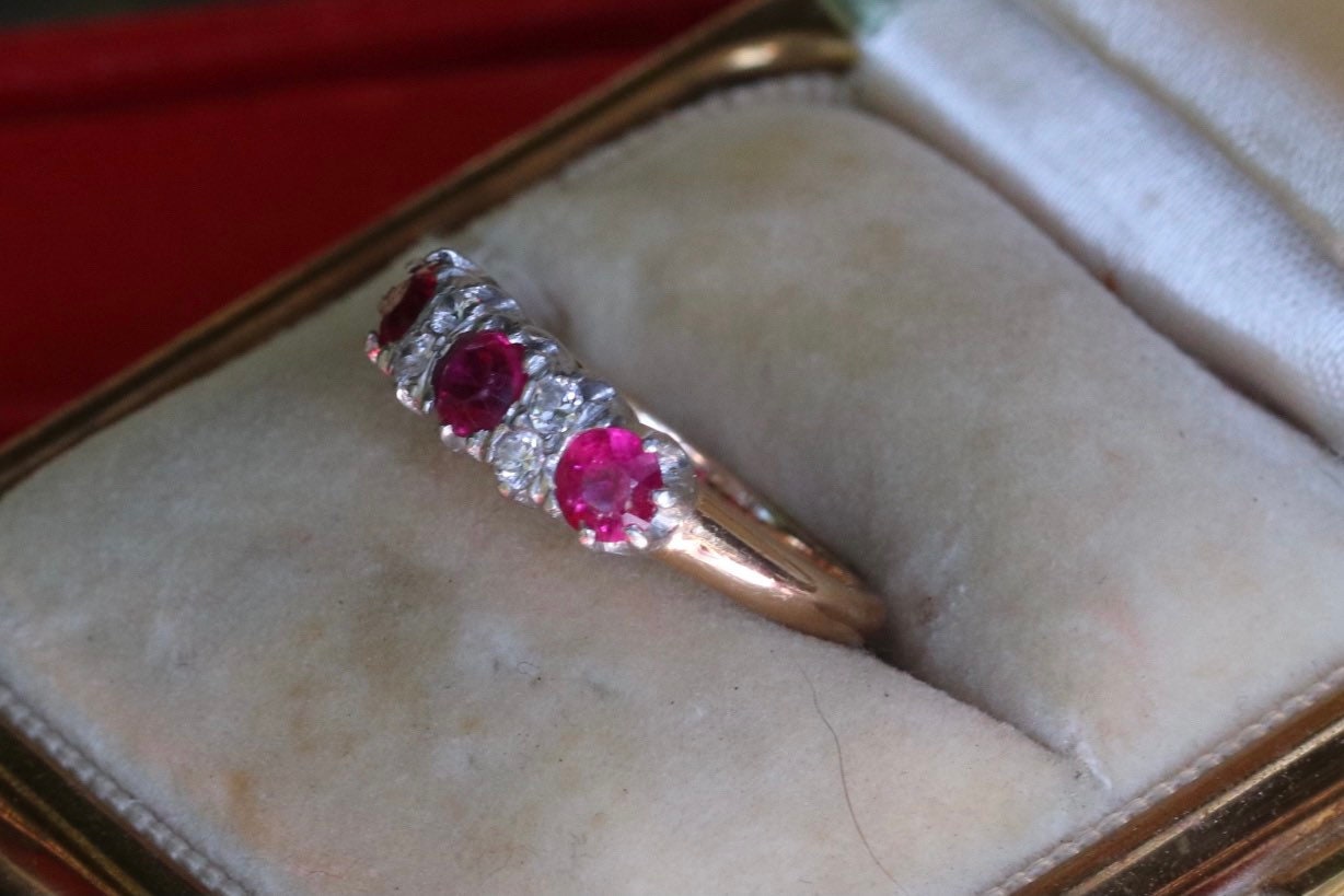 Ruby (synthetic) and old cut diamond ring size 4.5 (sizable) set in 14k yellow and white gold