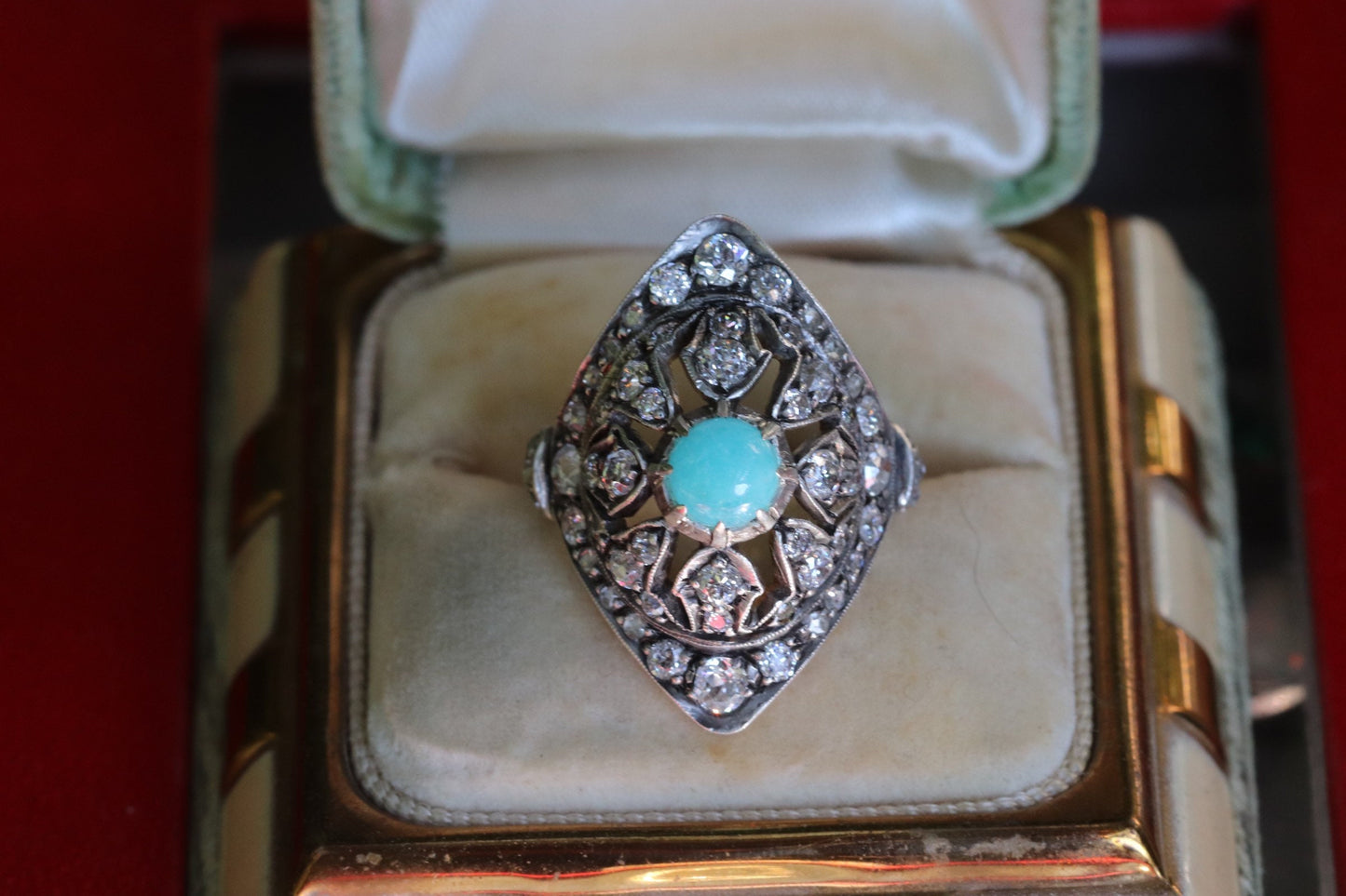 14k yellow gold silver topped Victorian reproduction ring set with old European diamonds and Paraiba tourmaline size 8 (sizable within 2)