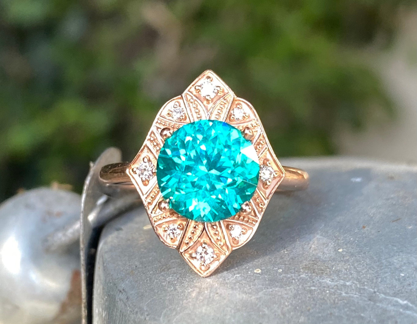 14 rose gold and diamond ring with paraiba colored precision cut YAG size 7.5 (sizable)