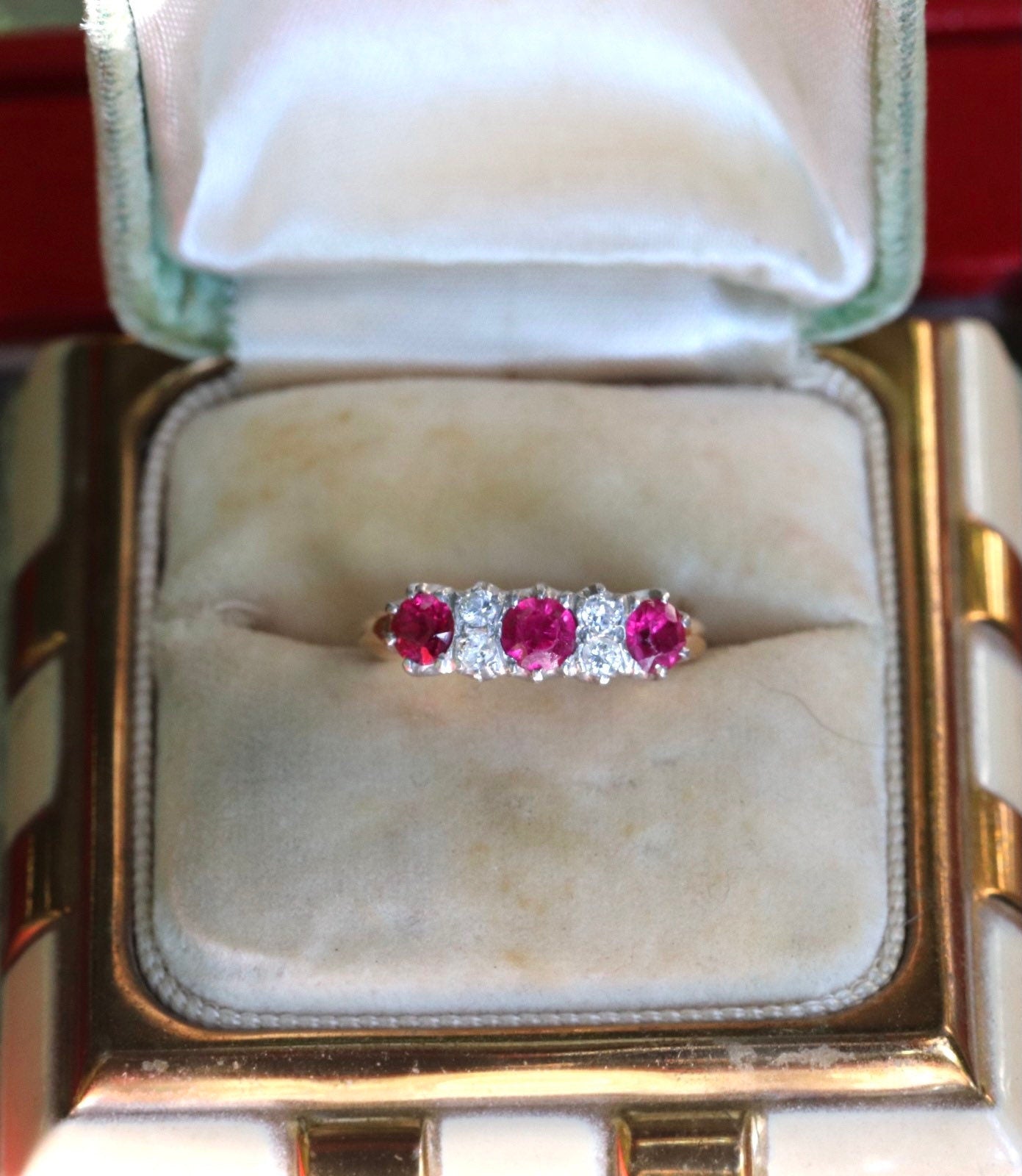 Ruby (synthetic) and old cut diamond ring size 4.5 (sizable) set in 14k yellow and white gold