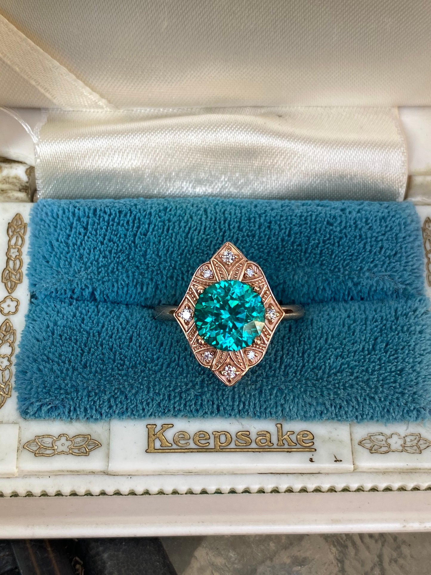 14 rose gold and diamond ring with paraiba colored precision cut YAG size 7.5 (sizable)