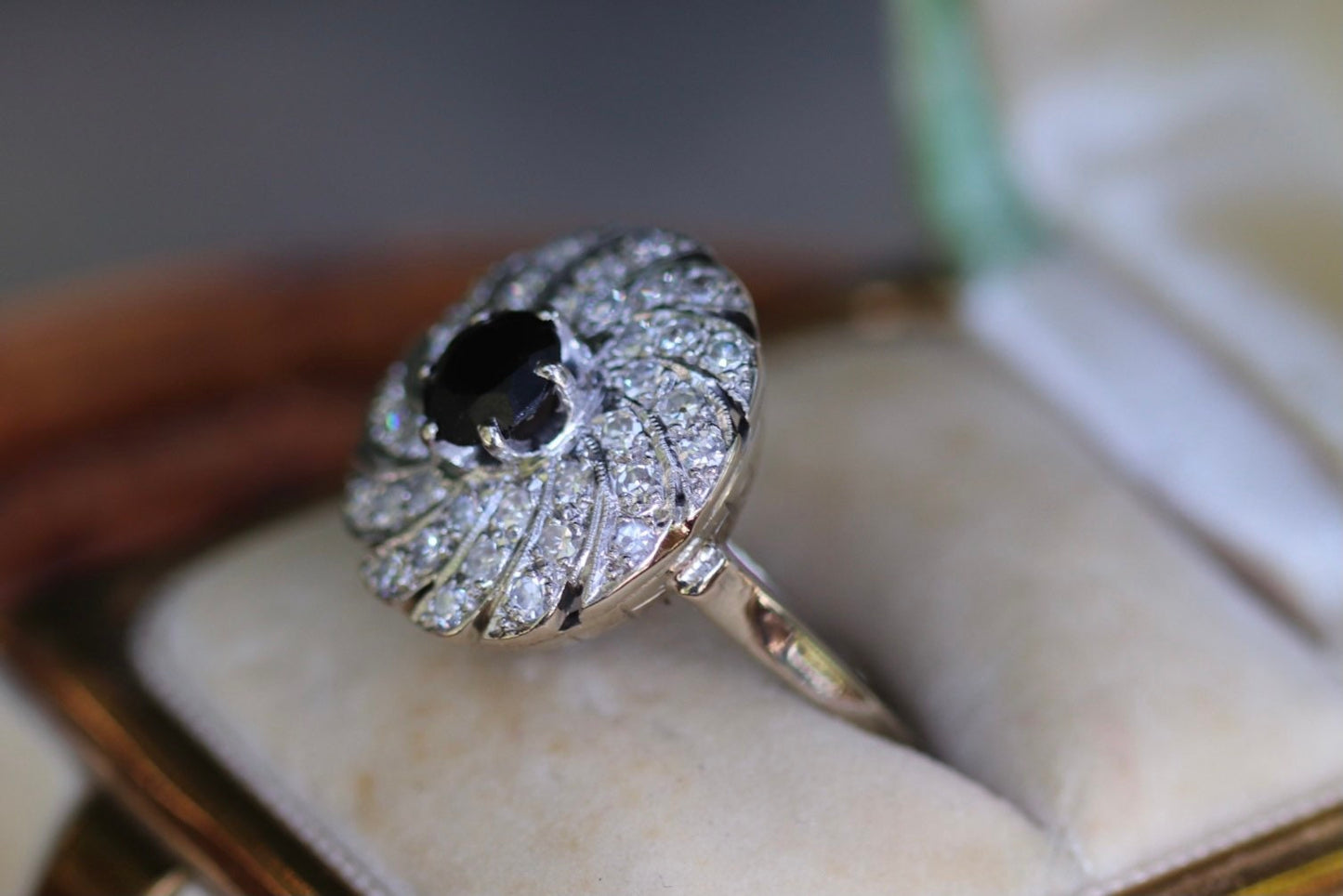 Onyx and old cut diamond ring set in 14k size 8.5 (sizable)