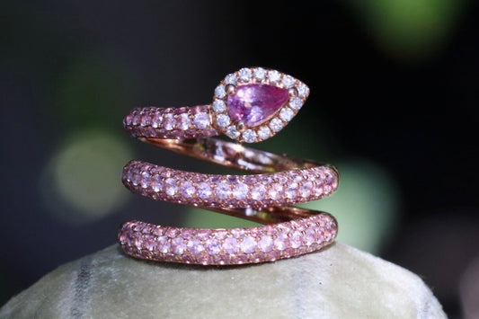 Natural pink sapphire and diamond serpent snake ring set in 18k rose gold size 6 (sizable)