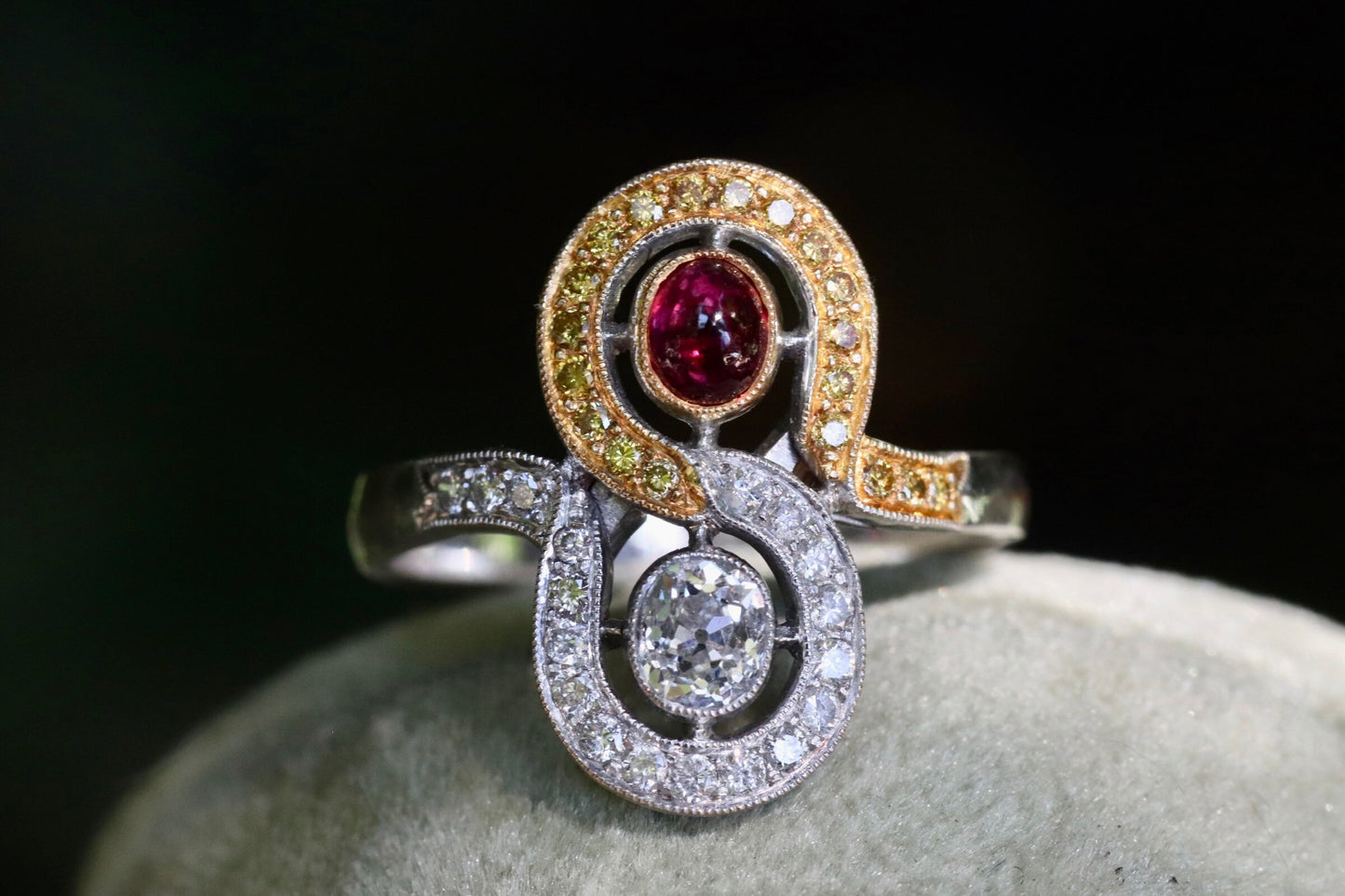 18k Art Deco inspired old cut oval diamond and cabochon ruby ring size 8 (sizable)