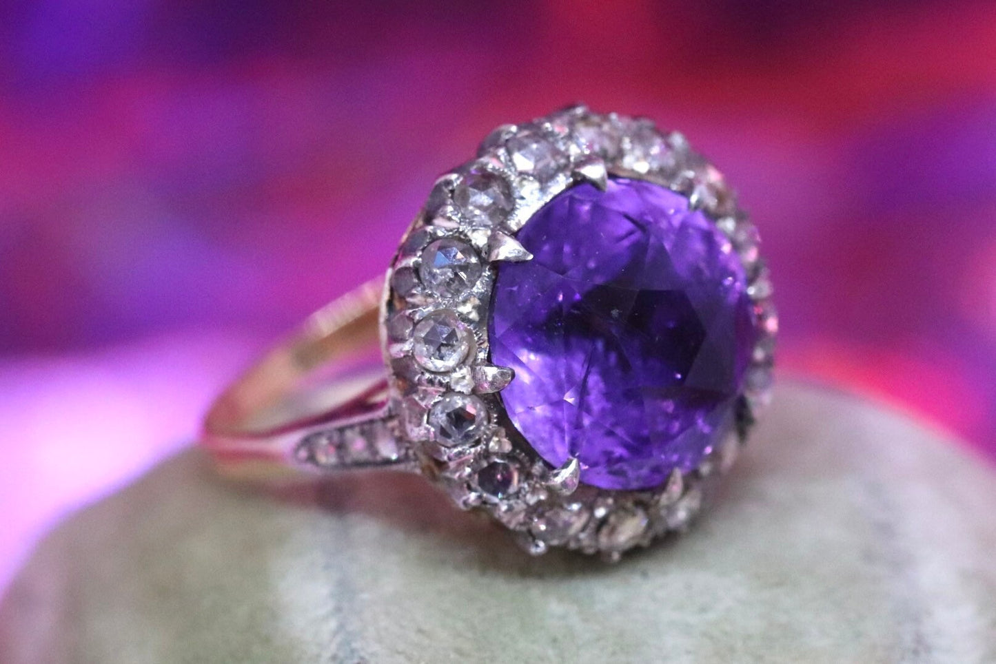 18k yellow and silver topped amethyst and rose cut diamond ring size 5.5