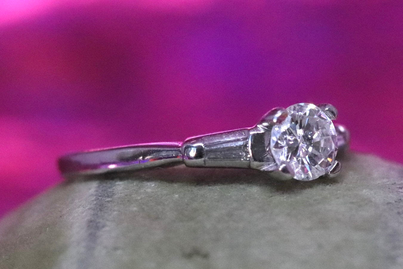 1950s platinum modern round and baguette engagement ring size 6 (sizable)