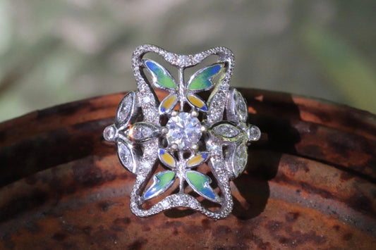 18k white gold diamond enamel butterfly ring size 8 sizable