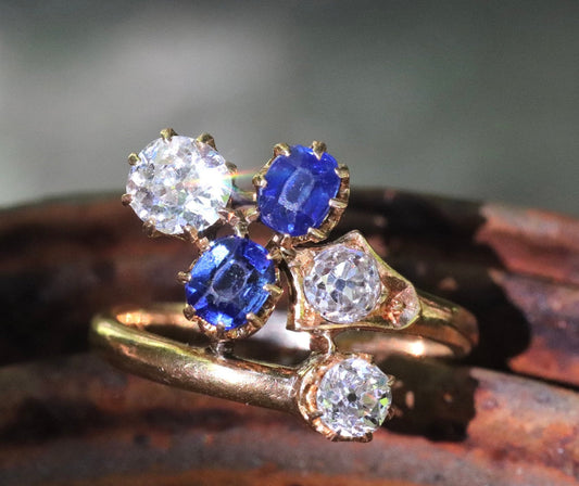 Authentic art nouveau 18k yellow gold old mine cut diamond and natural sapphire ring size 5.5 (sizable)