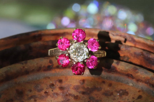 old mine cut diamond (.66 ct) and synthetic ruby flower ring set in 14k gold size 5.5 sizable