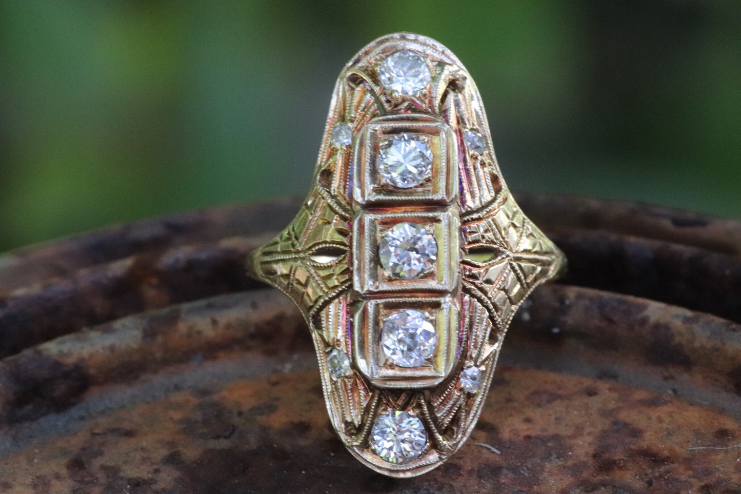 14k yellow gold antique Edwardian navette diamond ring size 6 (sizable)