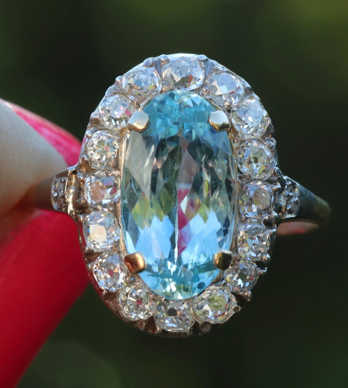Aquamarine old cut diamond halo ring in 14k and platinum size 8 (sizable)