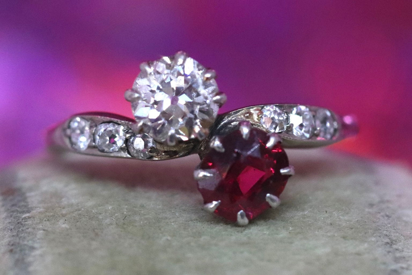 18ct white gold old European cut diamond and natural ruby toi et moi size 5 (sizable)