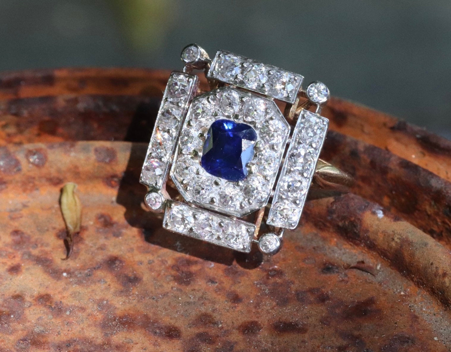 Antique old mine cut diamond and Cambodian Pailin no heat sapphire ring size 6 (Betty)