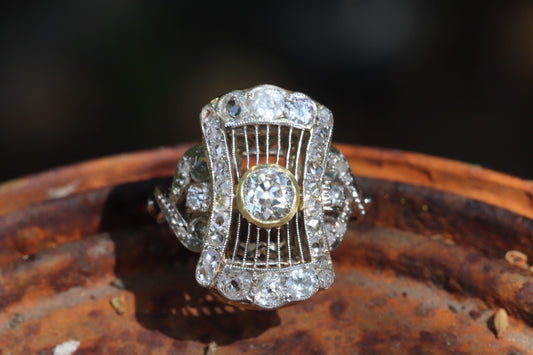 1940s platinum and 18k gold antique diamond filigree statement ring size 6 (sizable)