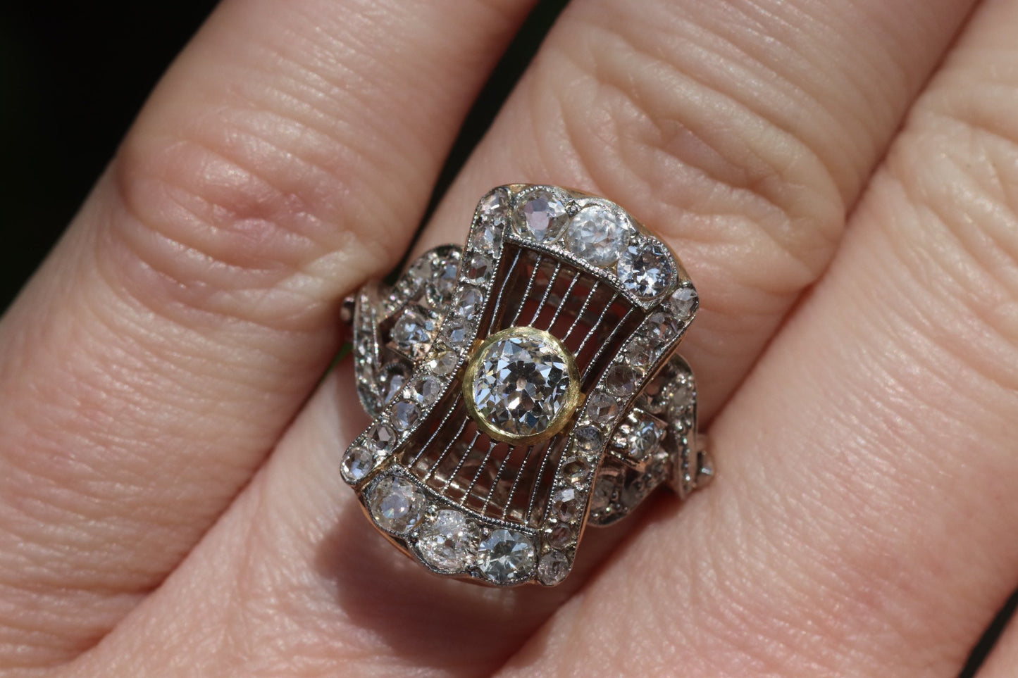 1940s platinum and 18k gold antique diamond filigree statement ring size 6 (sizable)
