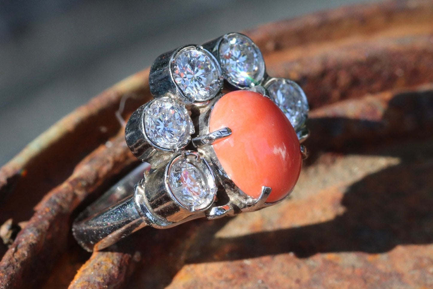 Retro coral and diamond ring set in platinum size 6.25 (sizable)